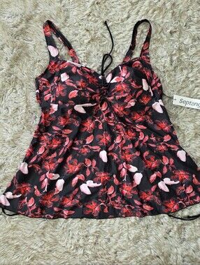 Septangle Tankini Top Only Black Floral with Red & Pink Accents Women's 18W